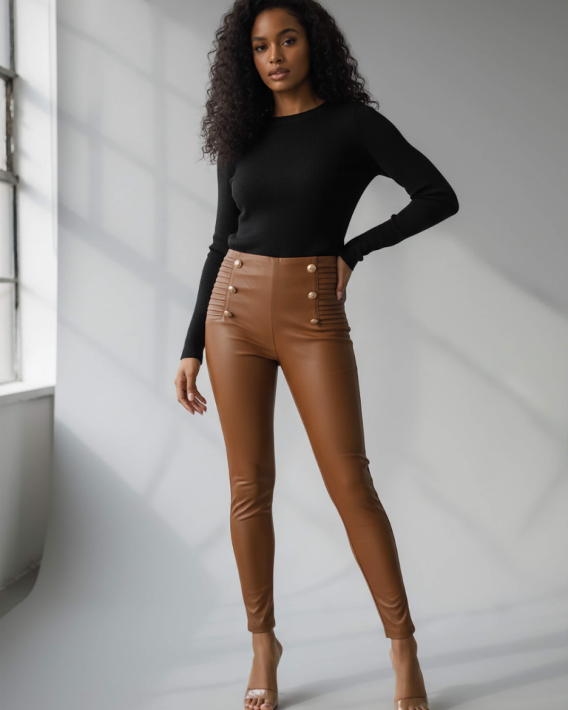 legginsy z eko skóry z ozdobnymi złotymi guzikami