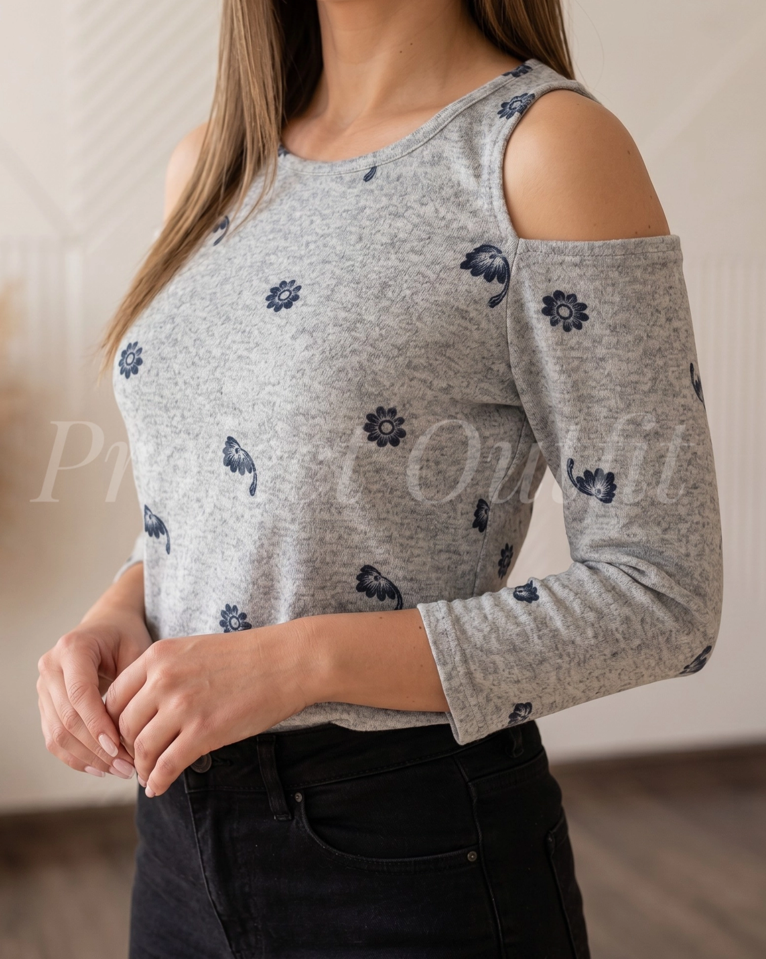 Szara bluzka cold shoulder - wzór kwiatuszki (2 kolory)