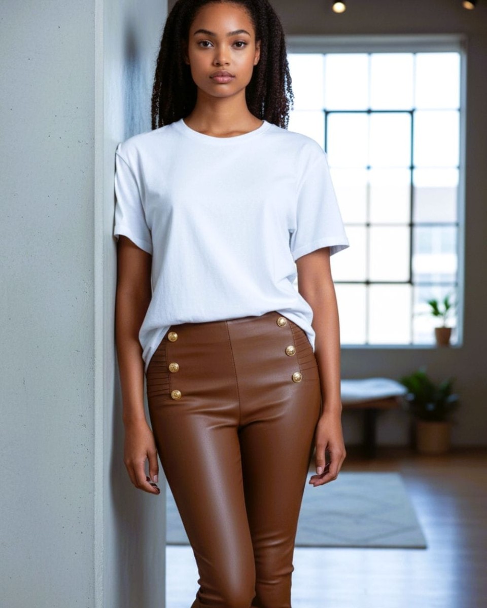 Legginsy eko skóra camel drapowane