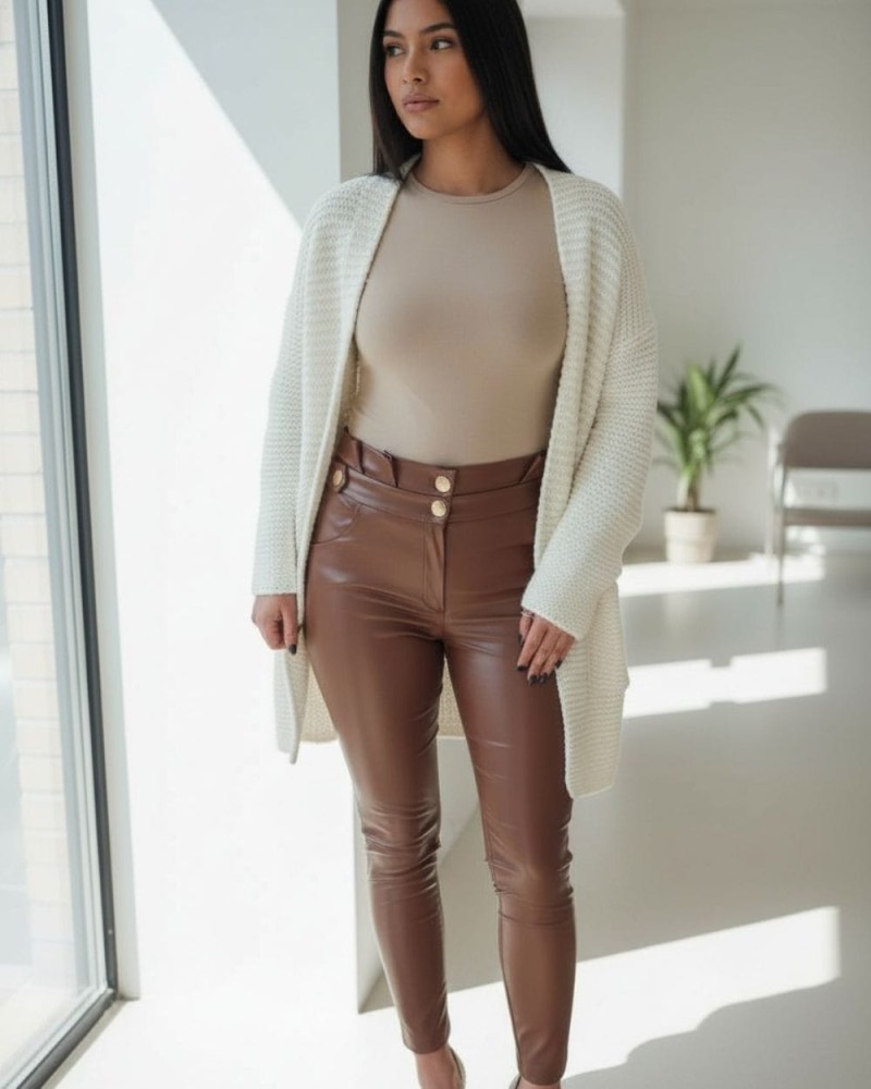 Brązowe spodnie z eko skóry z wysokim stanem i złotvmi guzikami By Me