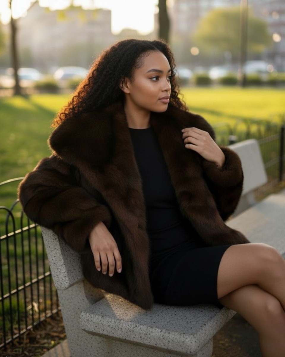 Brązowe futerko-kurtka z szerokim kołnierzem