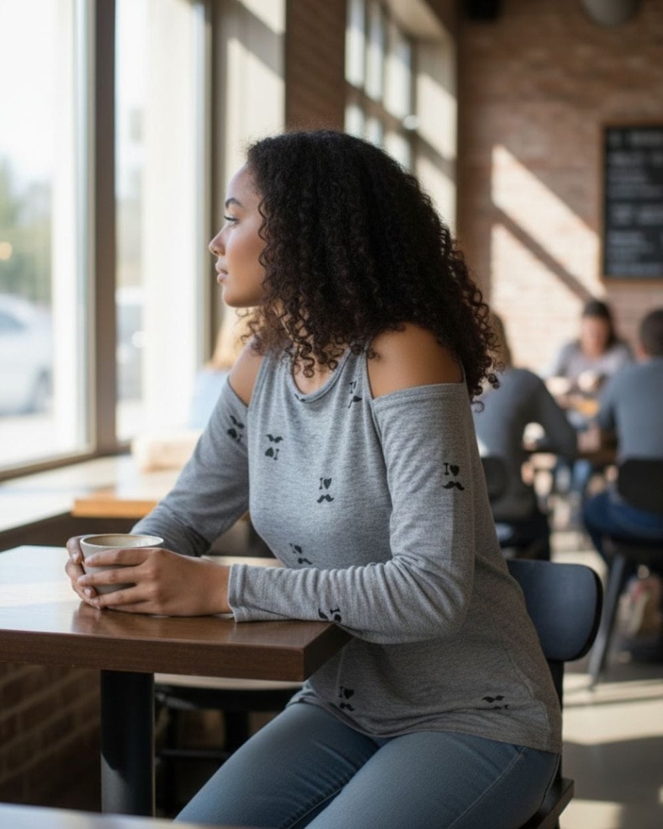 Szara bluzka cold shoulder z wyciętymi ramionami, ozdobiona delikatnym wzorem z serduszkami.
