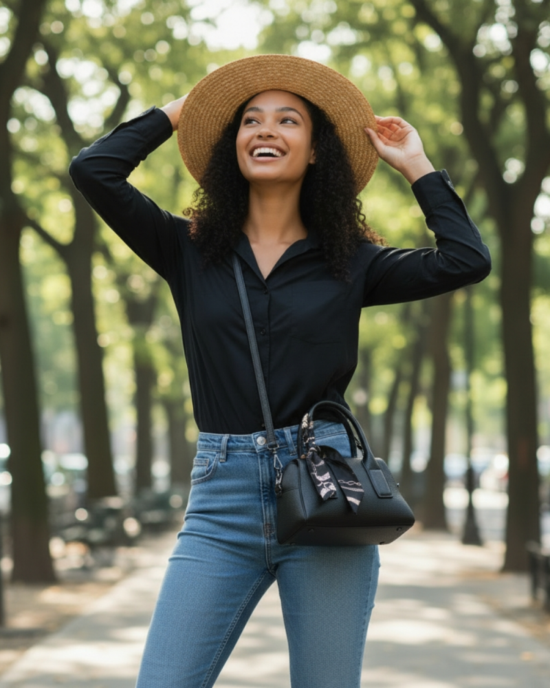 Czarna torebka damska Unibella z ozdobną apaszką .