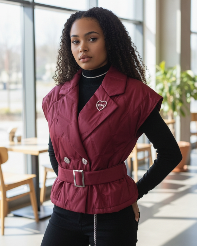 Wloska pikowana kamizelka bordowa z paskiem i broszką