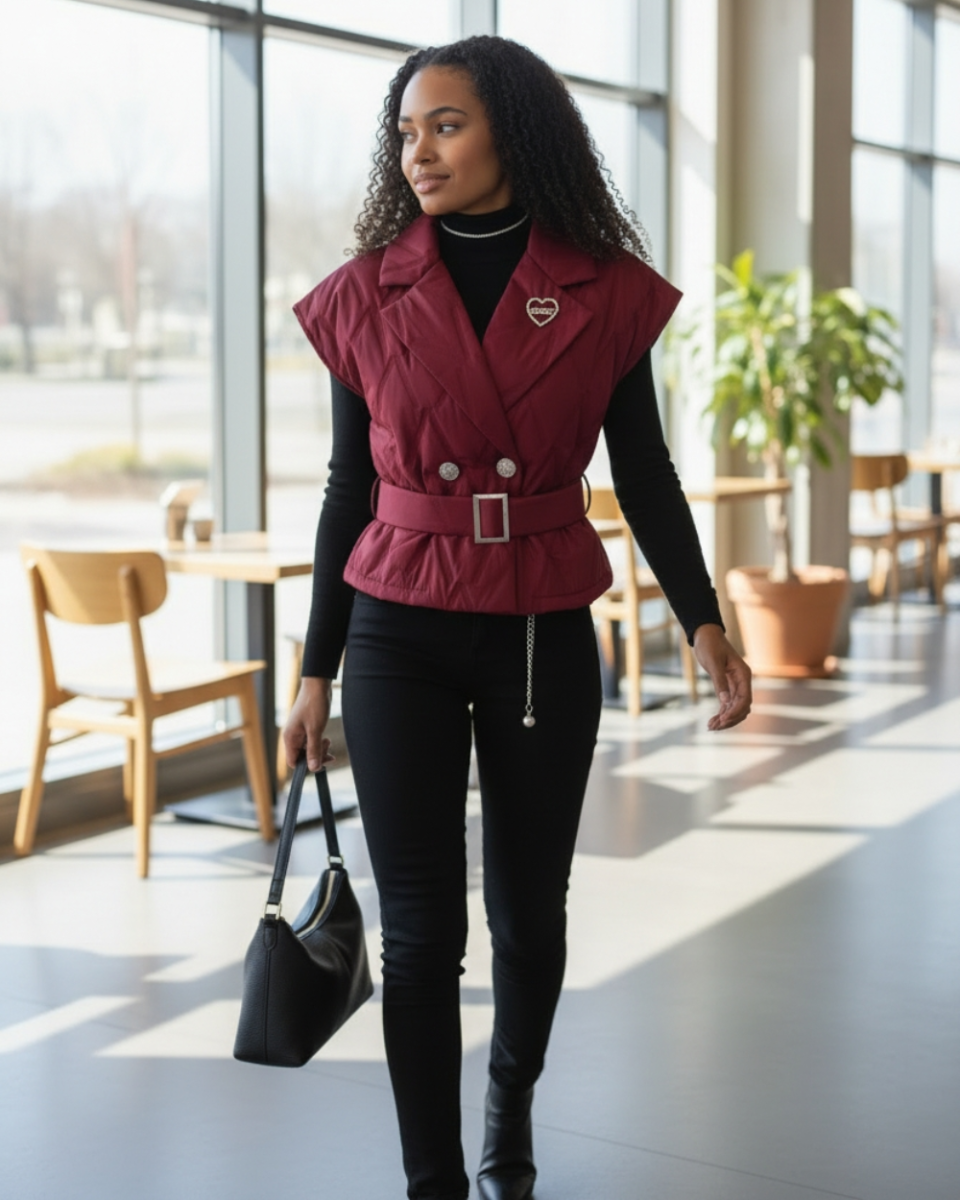 Pikowana kamizelka włoska bordo z paskiem i broszką