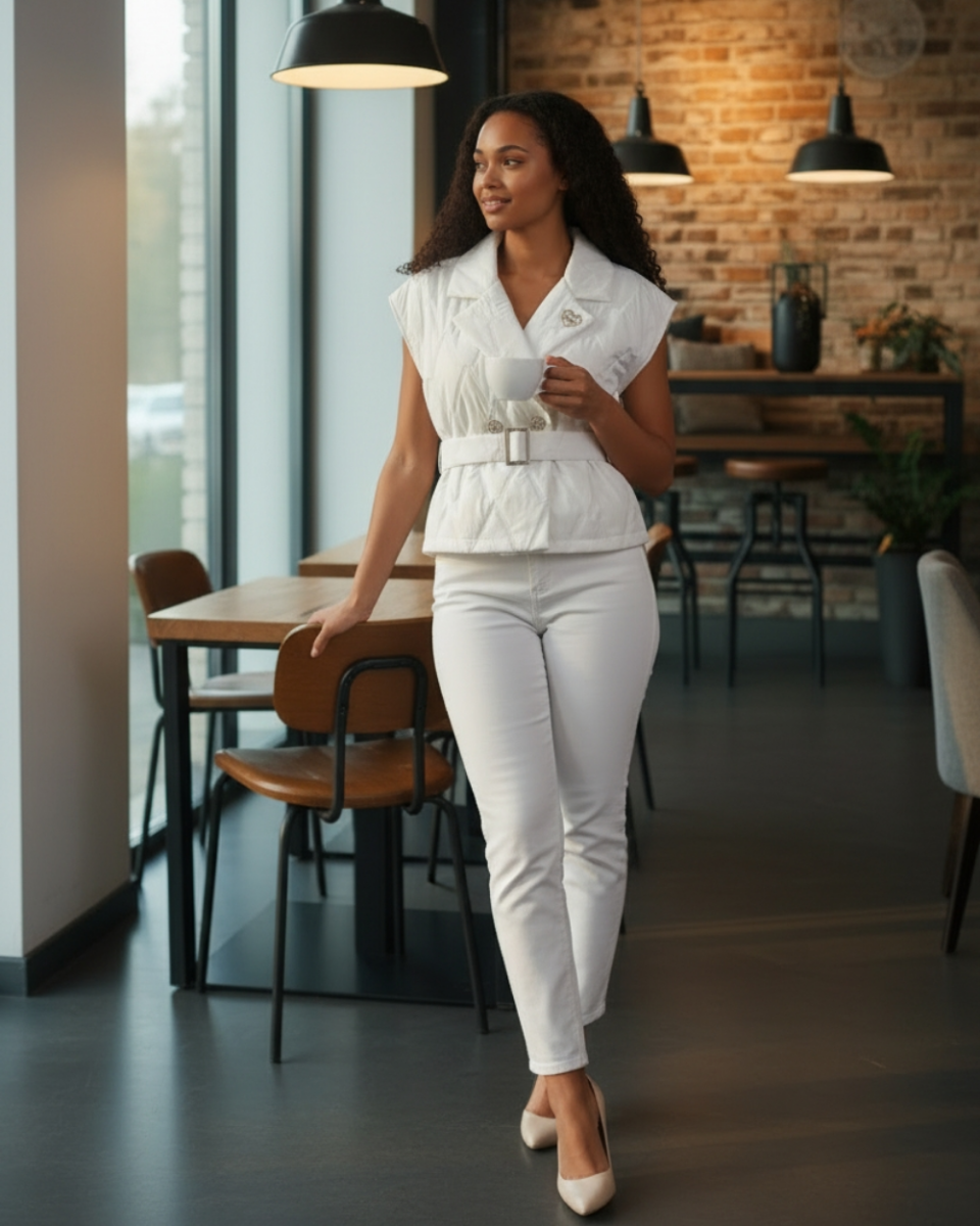 Biała kamizelka pikowana z ozdobną broszką i paskiem w talii