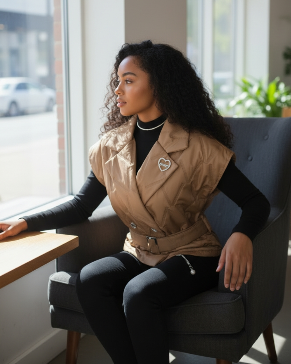 Kamizelka pikowana z paskiem i broszką w jasno brązowym kolorze