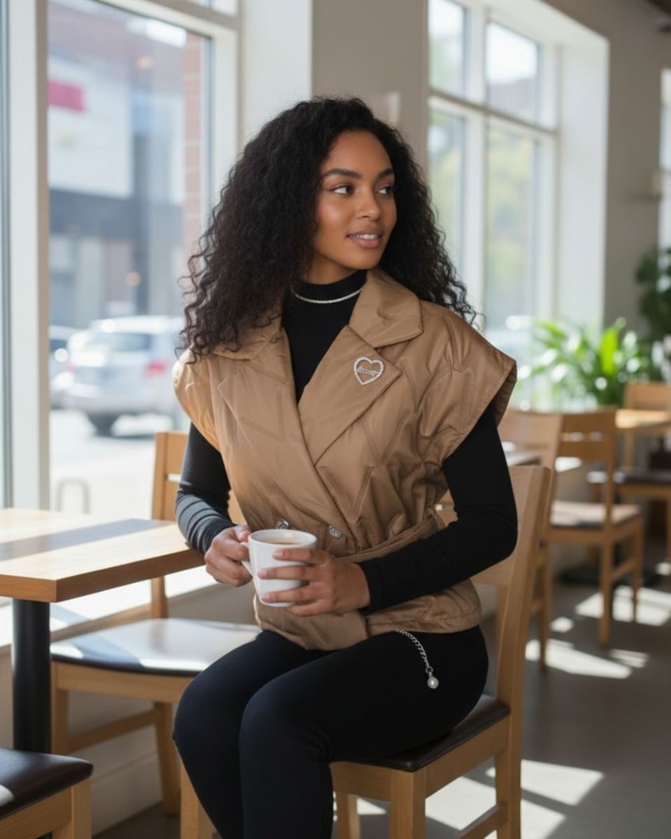 Kamizelka pikowana jasnobrązowa z paskiem i ozdobną broszką