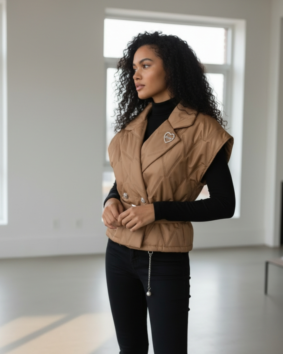 Kamizelka włoska jasnobrązowa pikowana z broszką i paskiem