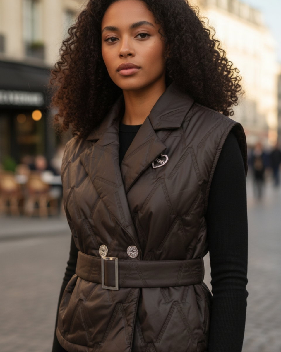 Czekoladowa pikowana kamizelka z paskiem i broszką