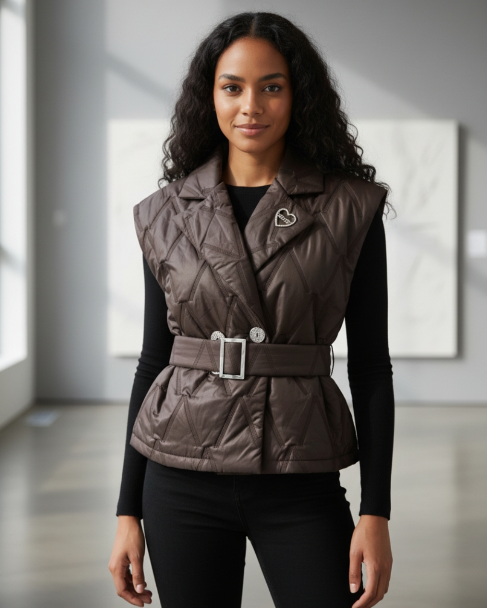 Pikowana kamizelka z broszką i paskiem w czekoladowym kolorze