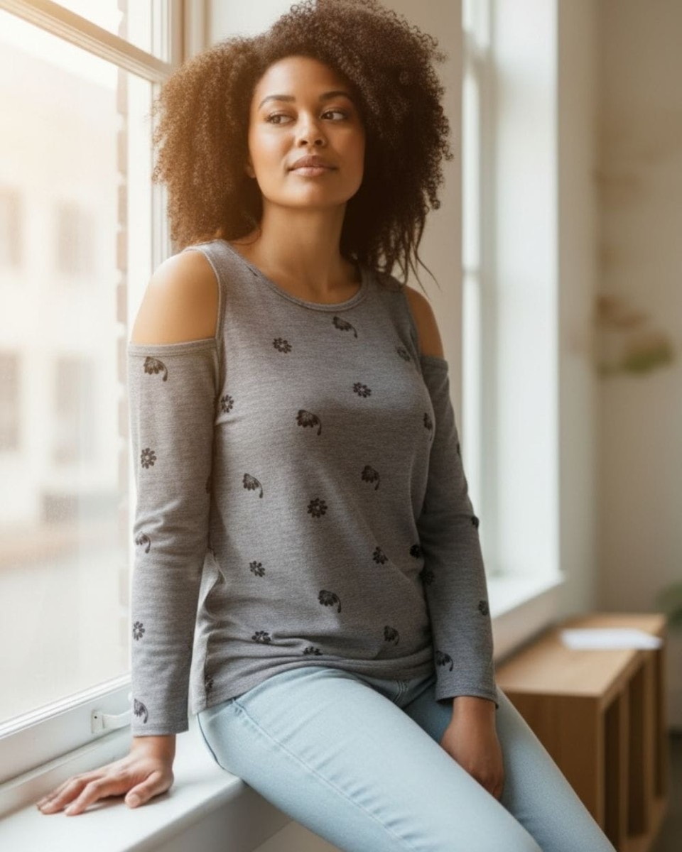 Szara bluzka damska z wycięciami na ramionach w kwiatowy wzór