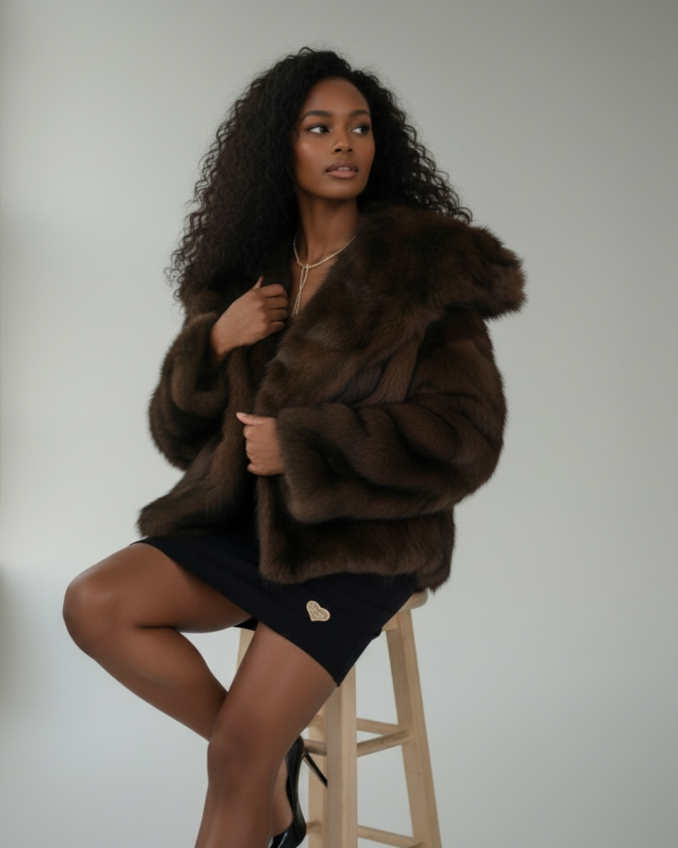 Czekoladowe futerko oversize z szerokim kołnierzem.