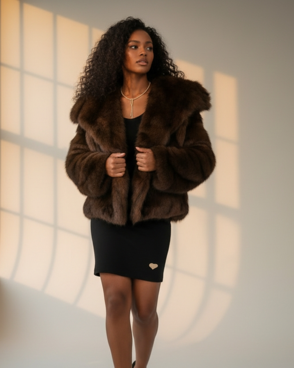 Brązowe sztuczne futerko wiskozowe damskie.