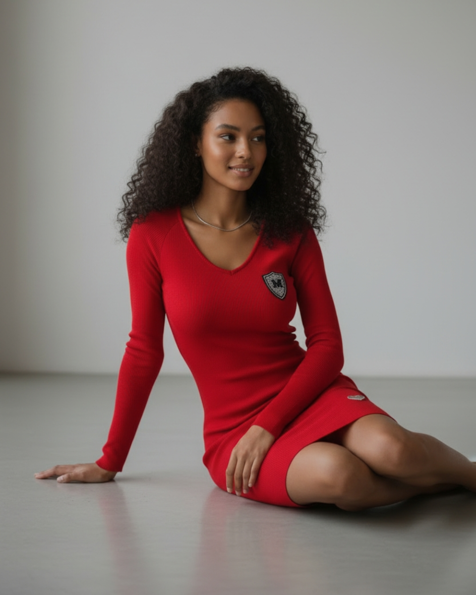 Klasyczna sukienka z prążka z długim rękawem.