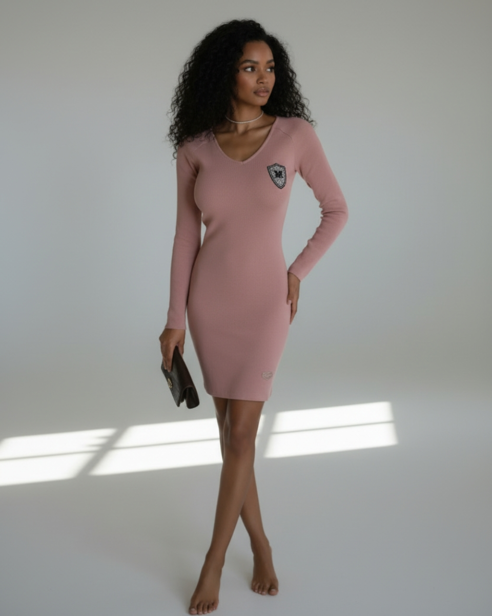 Minimalistyczna sukienka z ozdobną aplikacją z prążka.