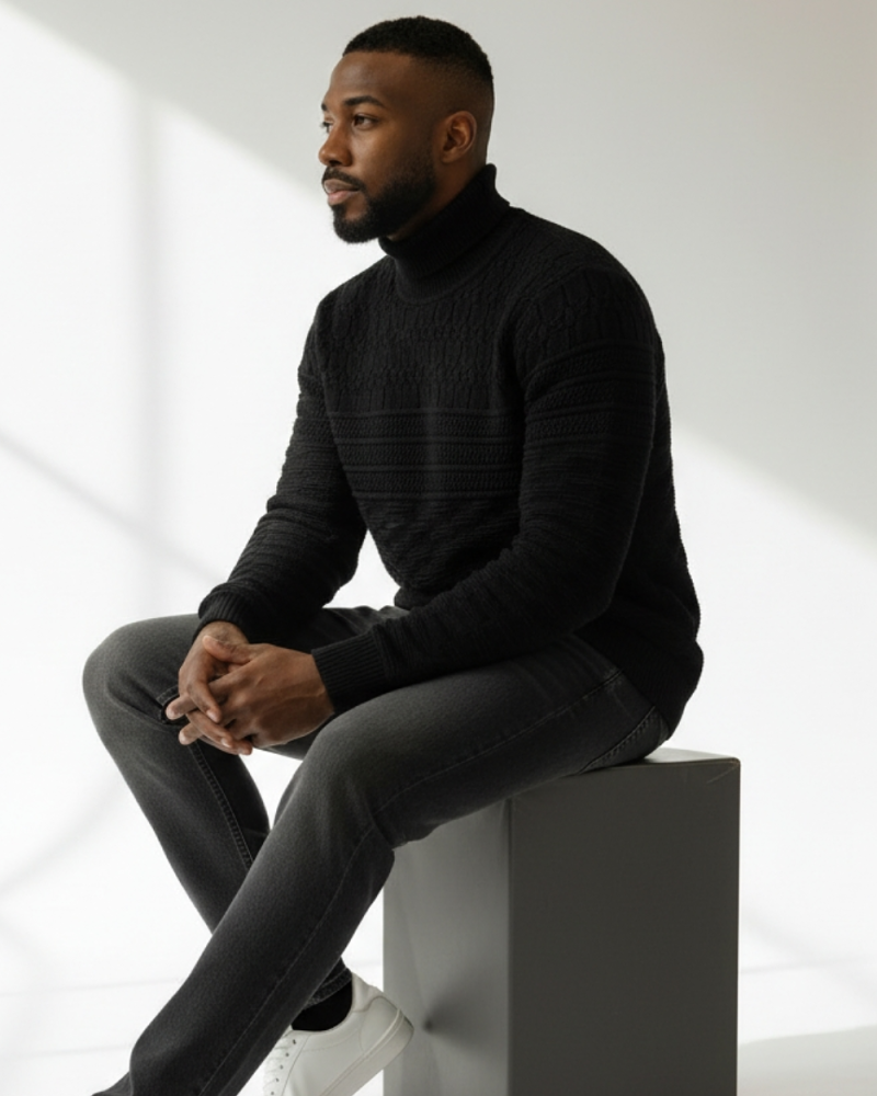 Czarny sweter z golfem i teksturowym splotem.