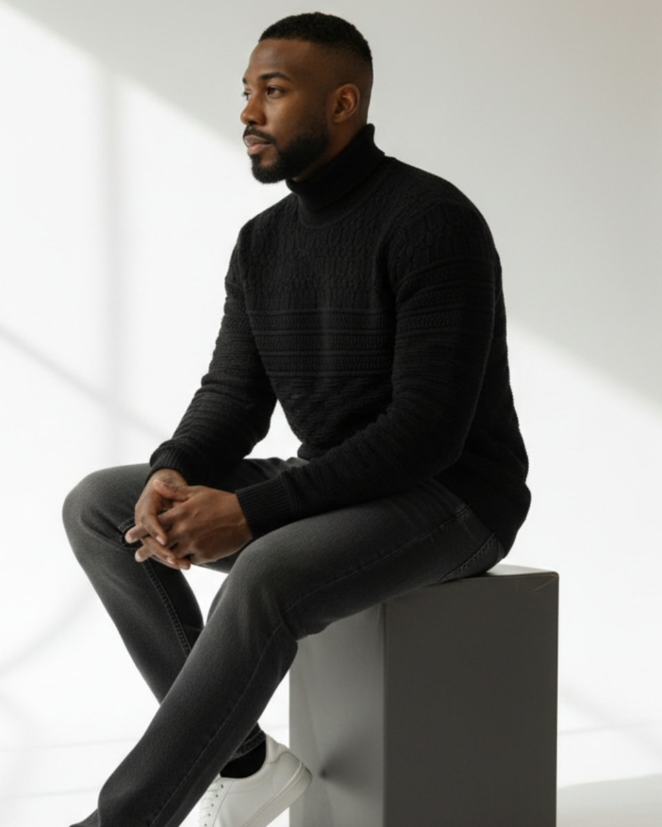 Czarny sweter z golfem i teksturowym splotem.