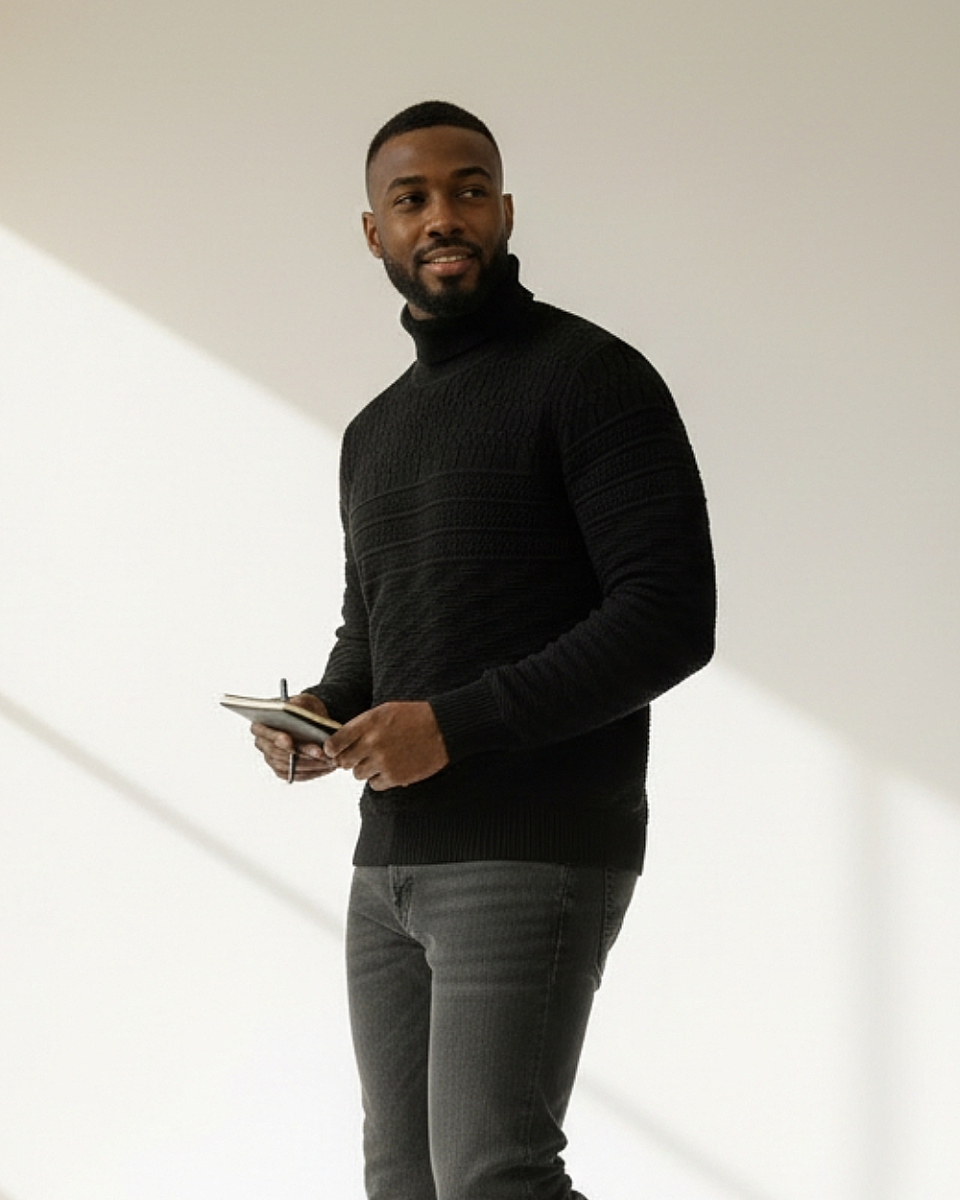 Męski czarny golf z modnym splotem.